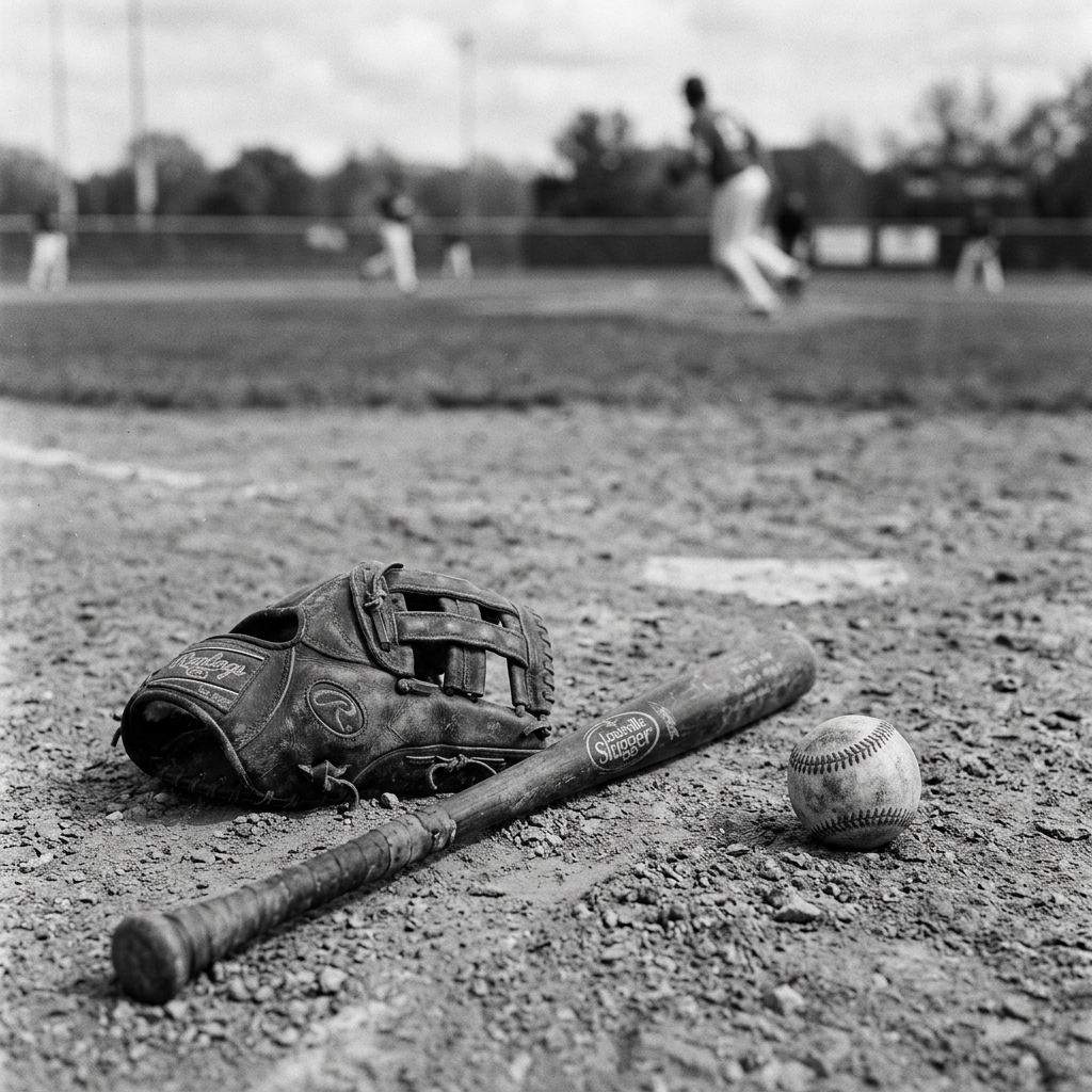 Baseball glove, bat, and ball resting on the dirt field near home plate