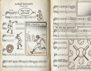 Piano sheet music titled Softball Sinfonietta with baseball-themed illustrations around the notes